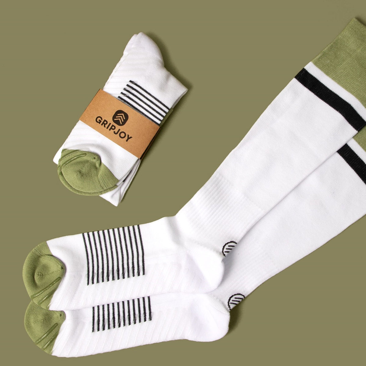 Men&#39;s White/Black/Green Compression Socks with Grips - 2 Pairs - Gripjoy Socks