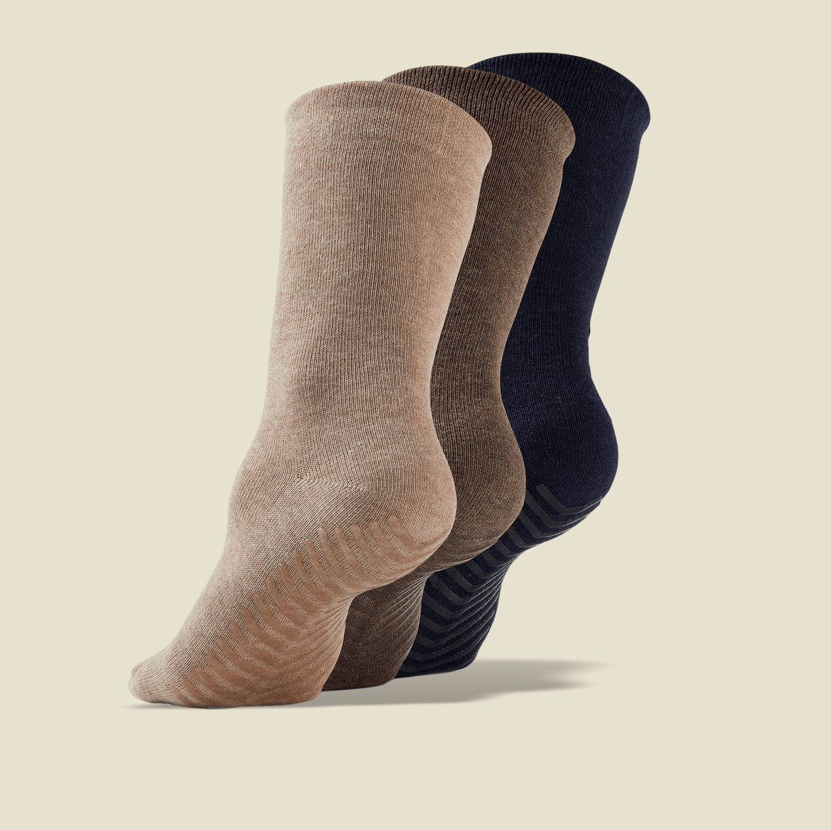 Women&#39;s Navy/Brown/Tan Original Crew Non-Slip Socks - 3 pairs - Gripjoy Socks