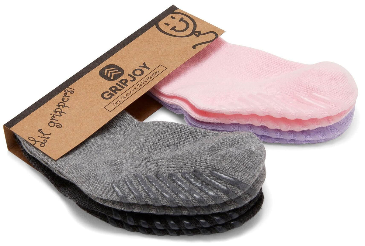 Pink/Purple/Grey Grip Socks for Toddlers & Kids - 4 pairs - Gripjoy Socks