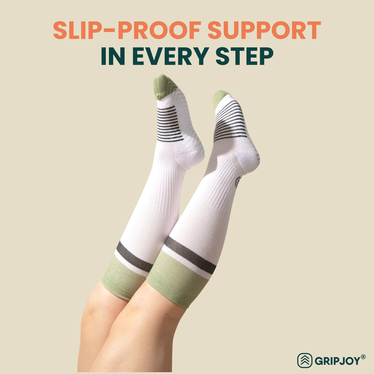 Women&#39;s White/Black/Green Compression Socks with Grips - 1 Pair - Gripjoy Socks