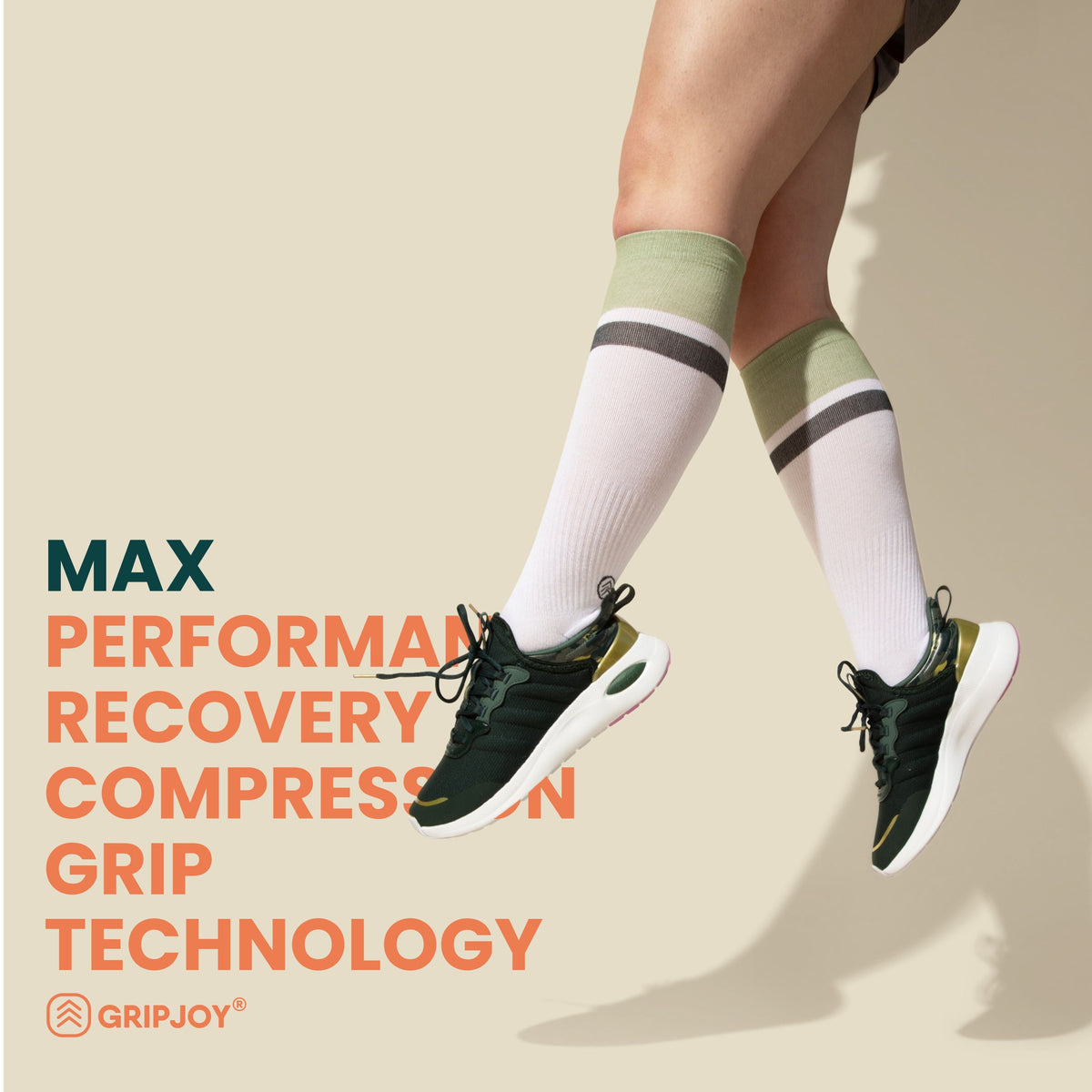 Men&#39;s White/Black/Green Compression Socks with Grips - 2 Pairs - Gripjoy Socks