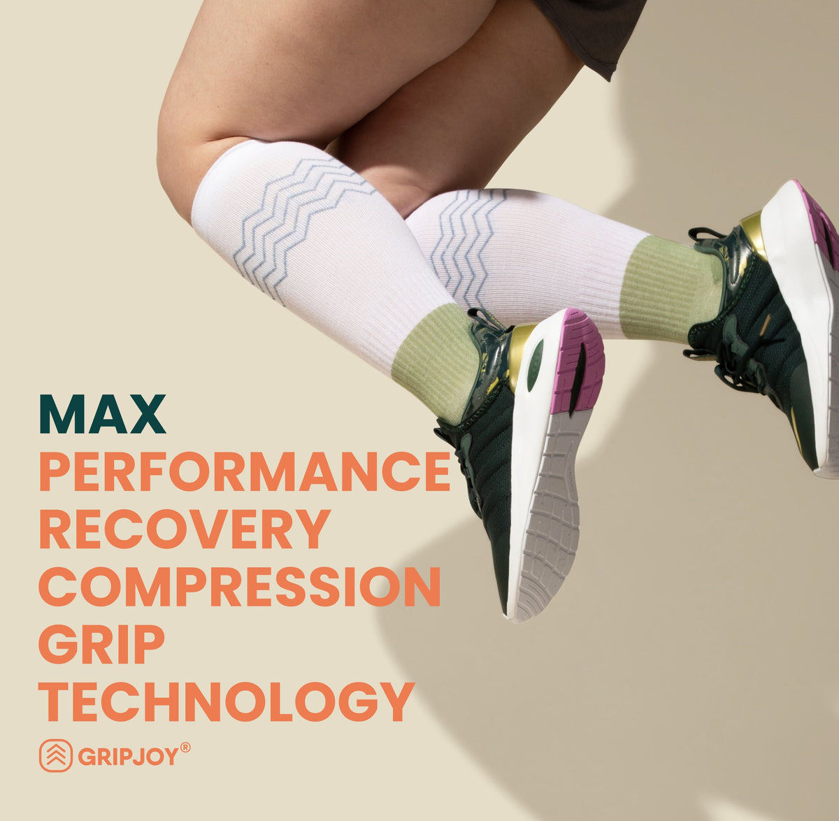 Men&#39;s White/Black/Green Compression Socks with Grips - 1 Pair - Gripjoy Socks