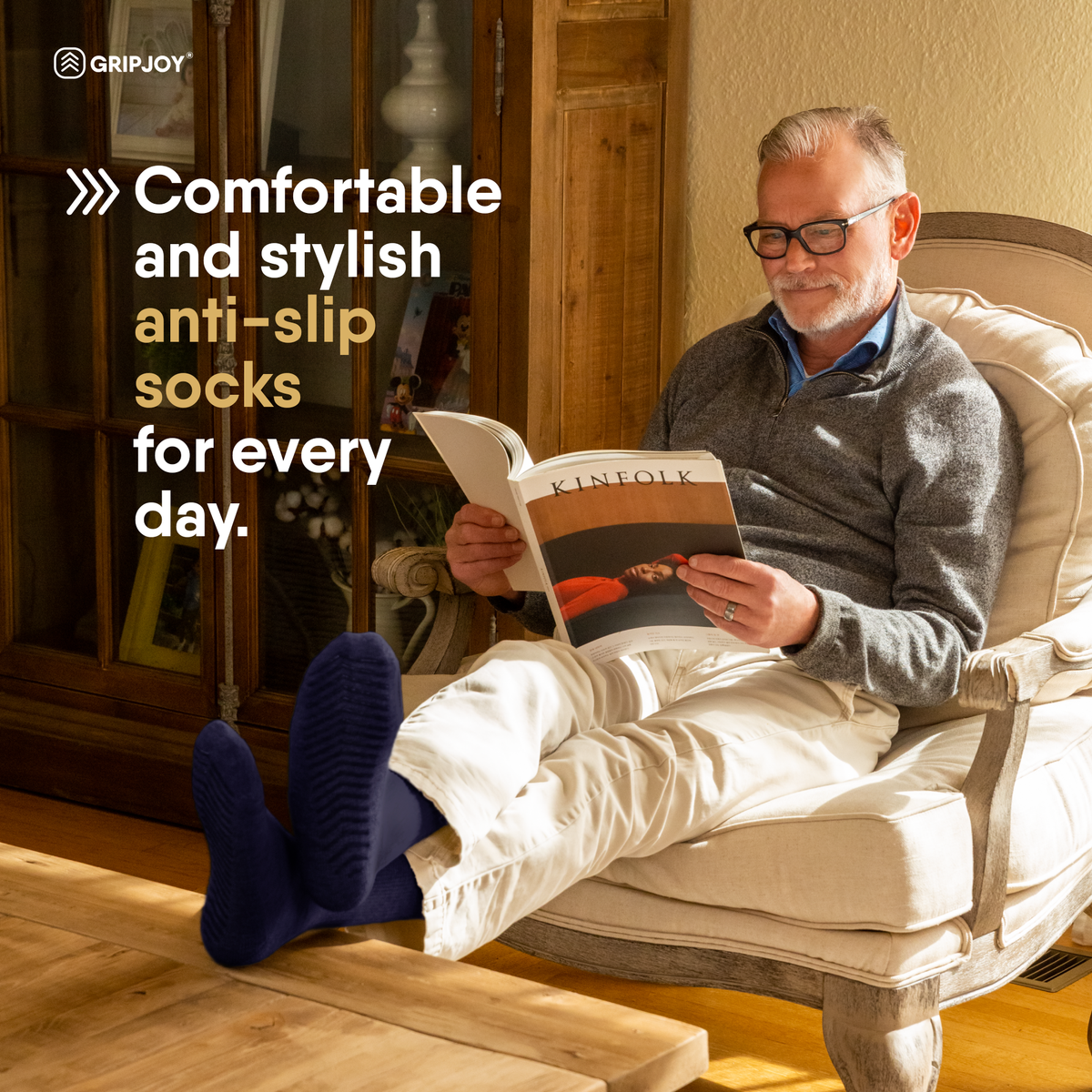Navy Men&#39;s Original Crew Non-Slip Socks - 3 Pairs - Gripjoy Socks